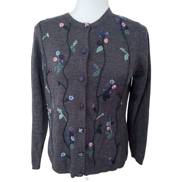 Merino Wool Floral Embroidered Cardigan Sweater Size Medium - Picture 1 of 6